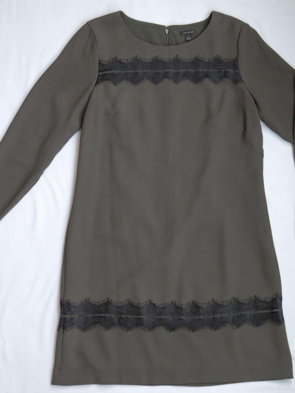 Ann Taylor Lace Trim Dress - Olive Green / Grey - Size 8